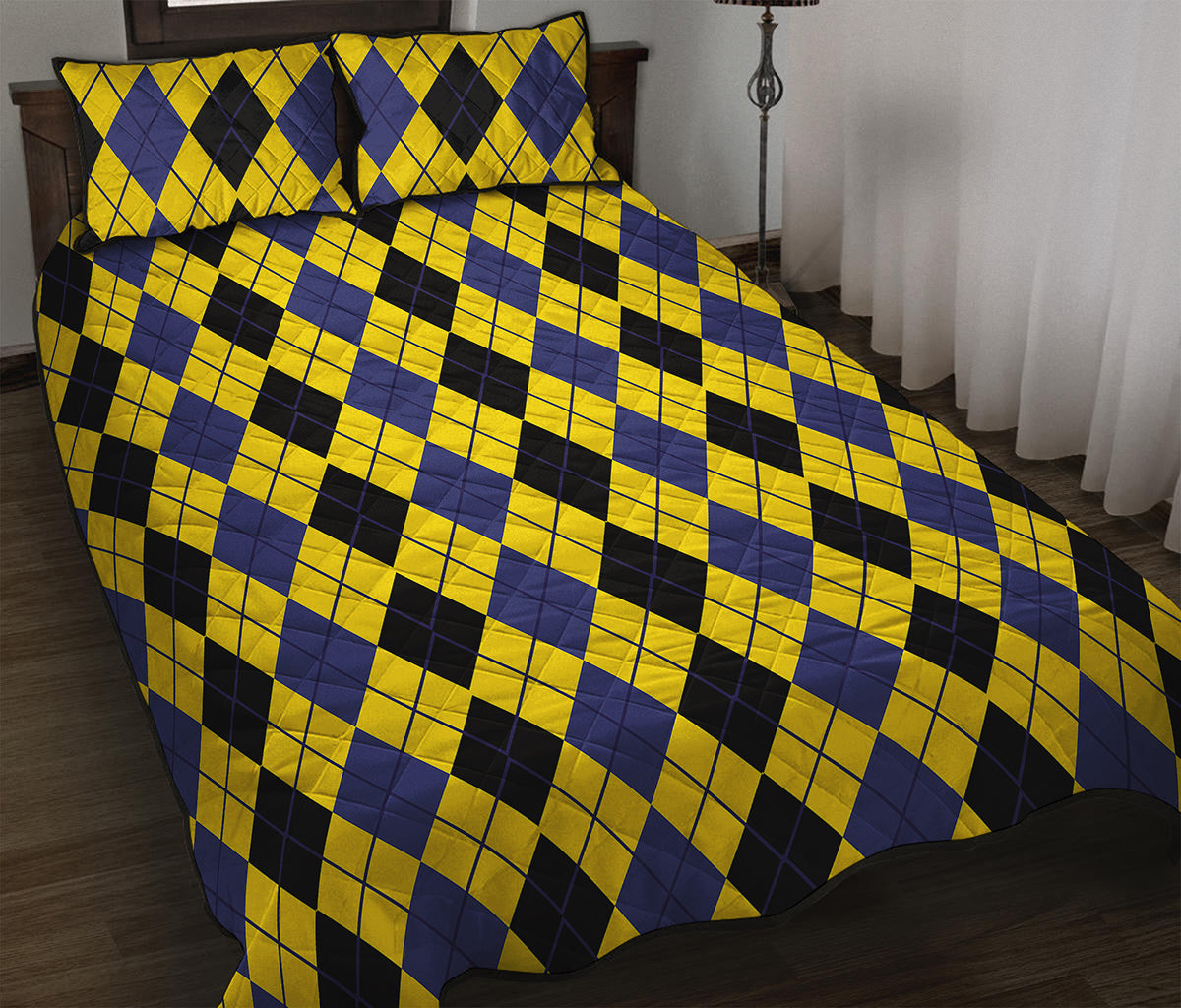 Black Blue And Yellow Argyle Print Quilt Bed Set