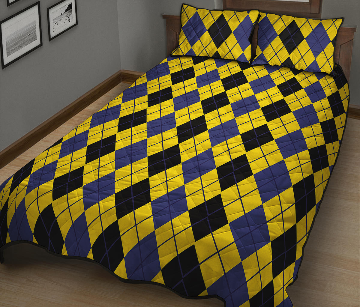 Black Blue And Yellow Argyle Print Quilt Bed Set