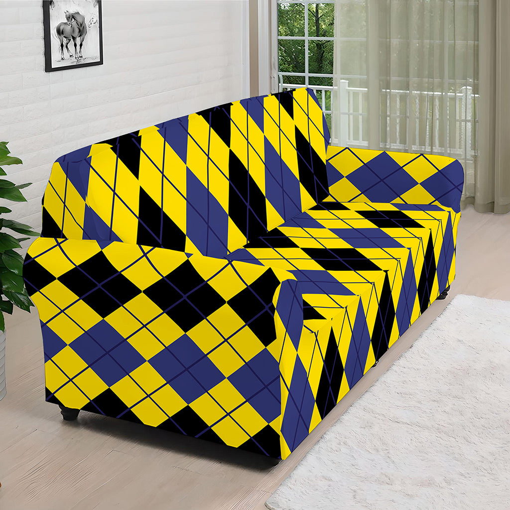 Black Blue And Yellow Argyle Print Sofa Cover
