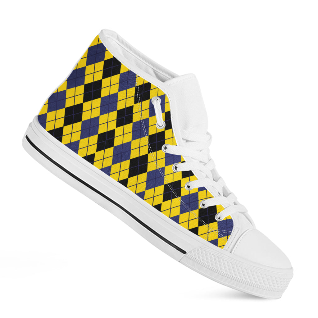 Black Blue And Yellow Argyle Print White High Top Shoes