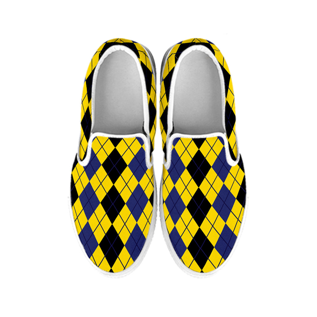 Black Blue And Yellow Argyle Print White Slip On Shoes