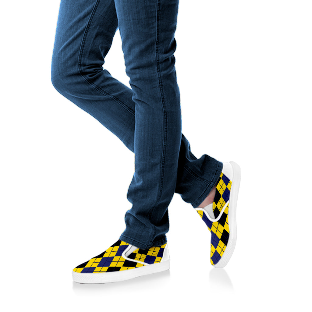 Black Blue And Yellow Argyle Print White Slip On Shoes