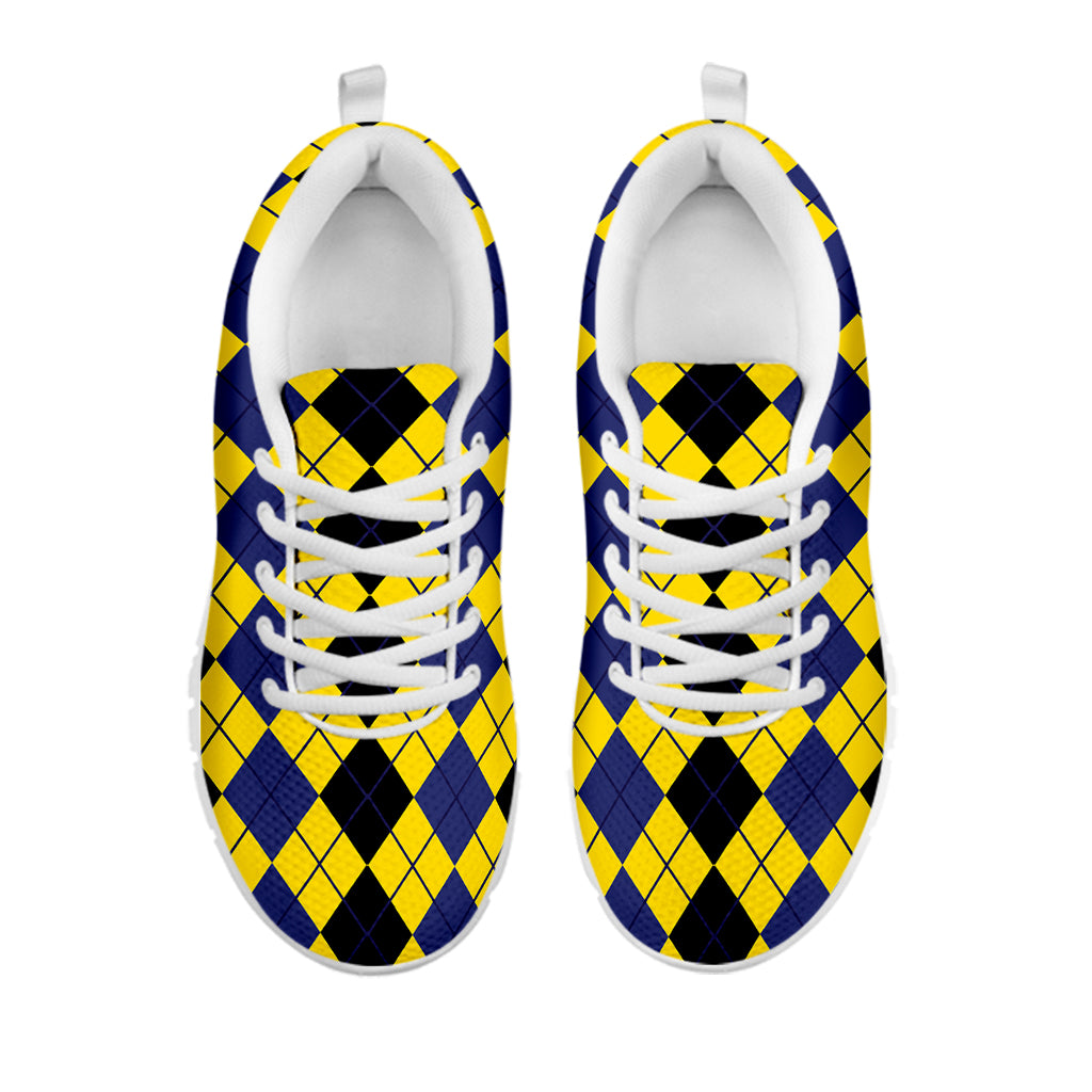 Black Blue And Yellow Argyle Print White Sneakers