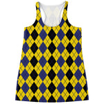 Black Blue And Yellow Argyle Print Women's Racerback Tank Top