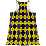 Black Blue And Yellow Argyle Print Women's Racerback Tank Top