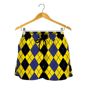 Black Blue And Yellow Argyle Print Women's Shorts