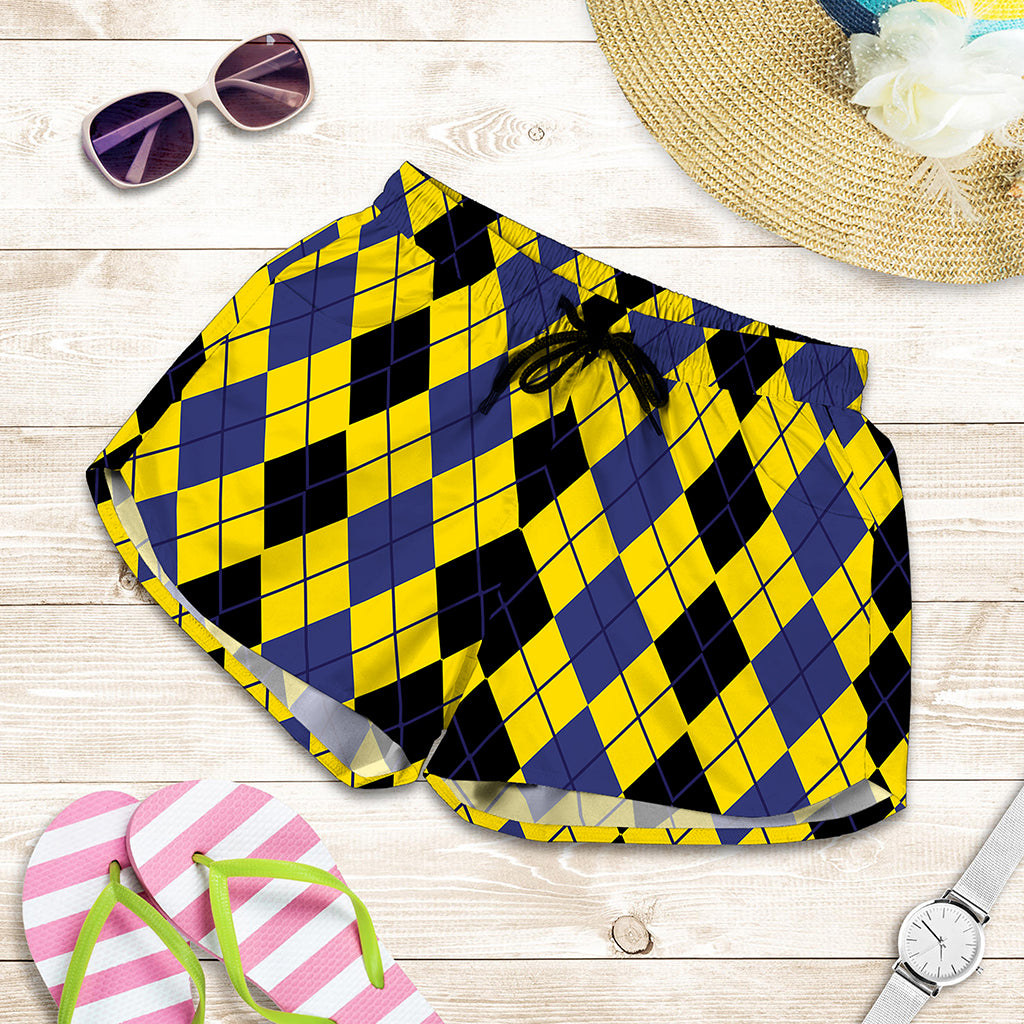 Black Blue And Yellow Argyle Print Women's Shorts