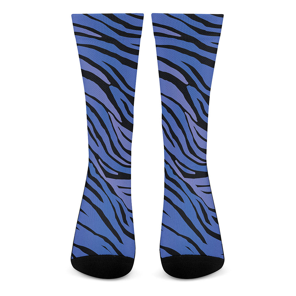 Black Blue Zebra Pattern Print Crew Socks