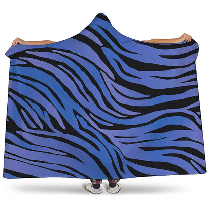 Black Blue Zebra Pattern Print Hooded Blanket