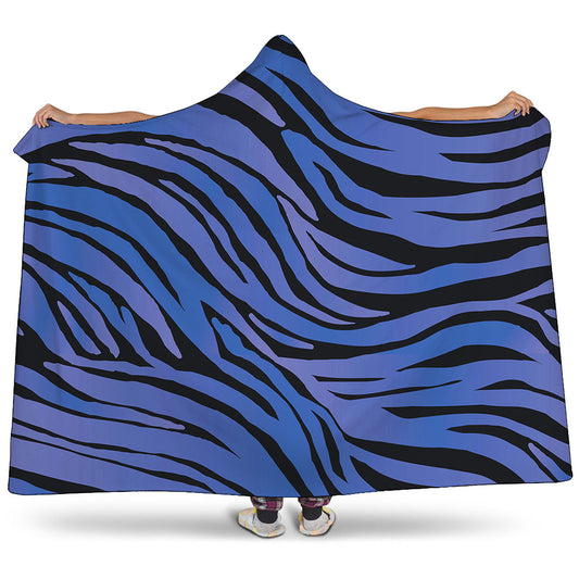 Black Blue Zebra Pattern Print Hooded Blanket