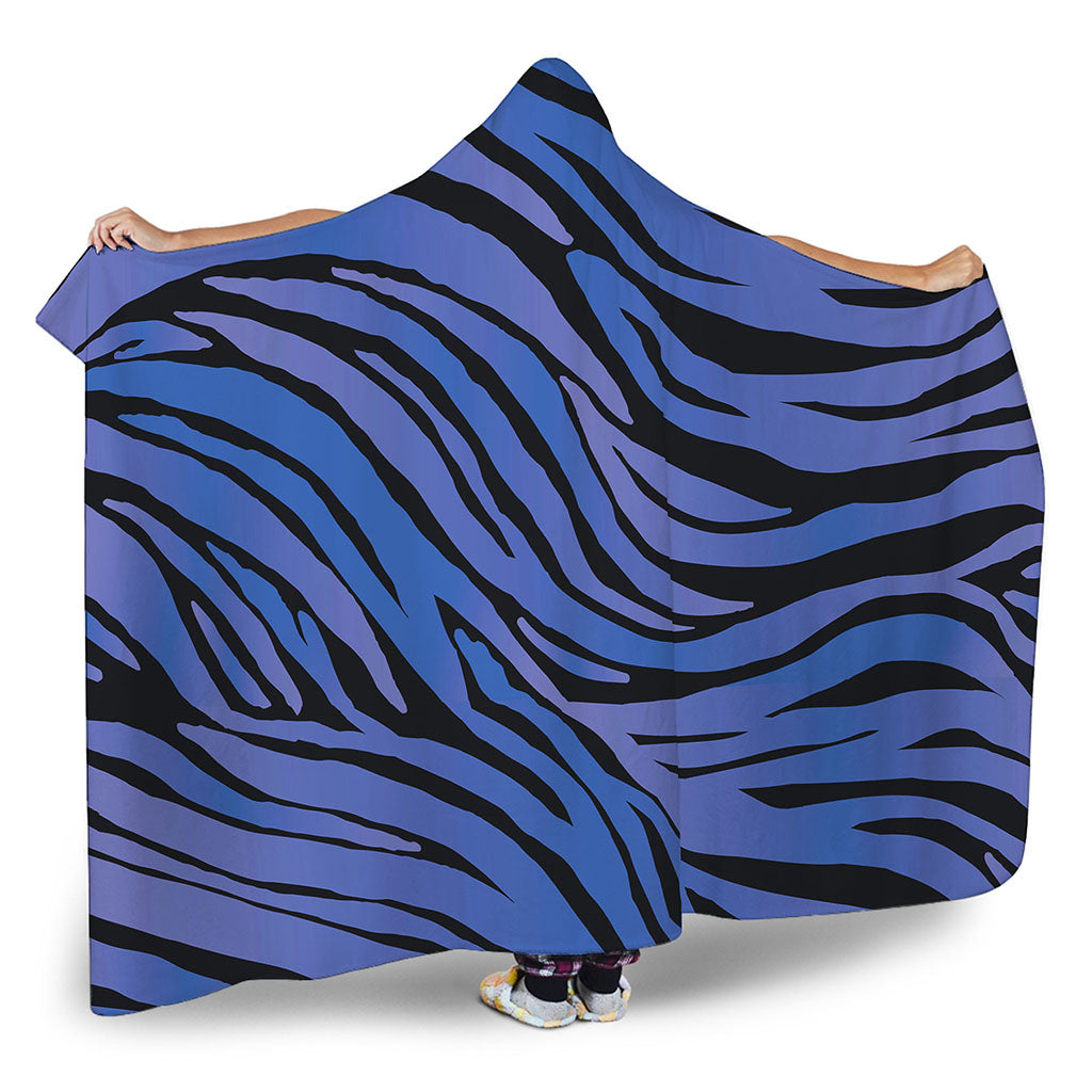 Black Blue Zebra Pattern Print Hooded Blanket