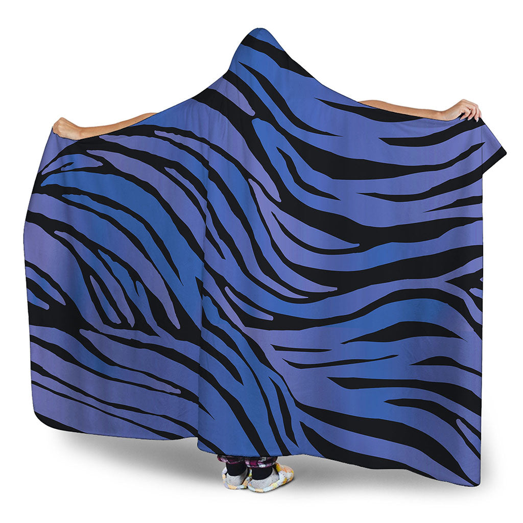 Black Blue Zebra Pattern Print Hooded Blanket