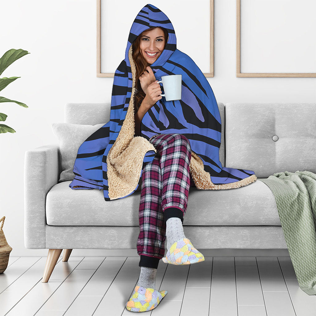 Black Blue Zebra Pattern Print Hooded Blanket