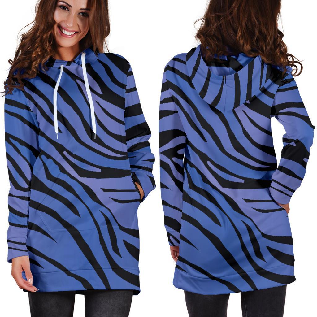 Black Blue Zebra Pattern Print Hoodie Dress GearFrost