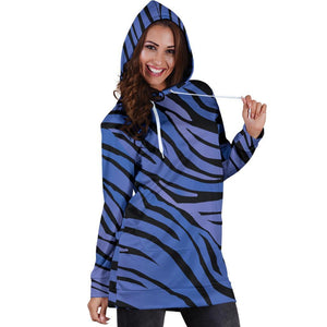 Black Blue Zebra Pattern Print Hoodie Dress GearFrost