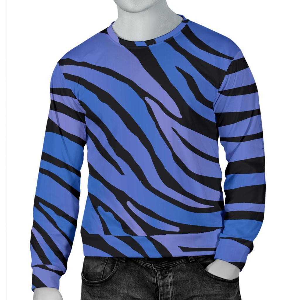 Black Blue Zebra Pattern Print Men's Crewneck Sweatshirt GearFrost
