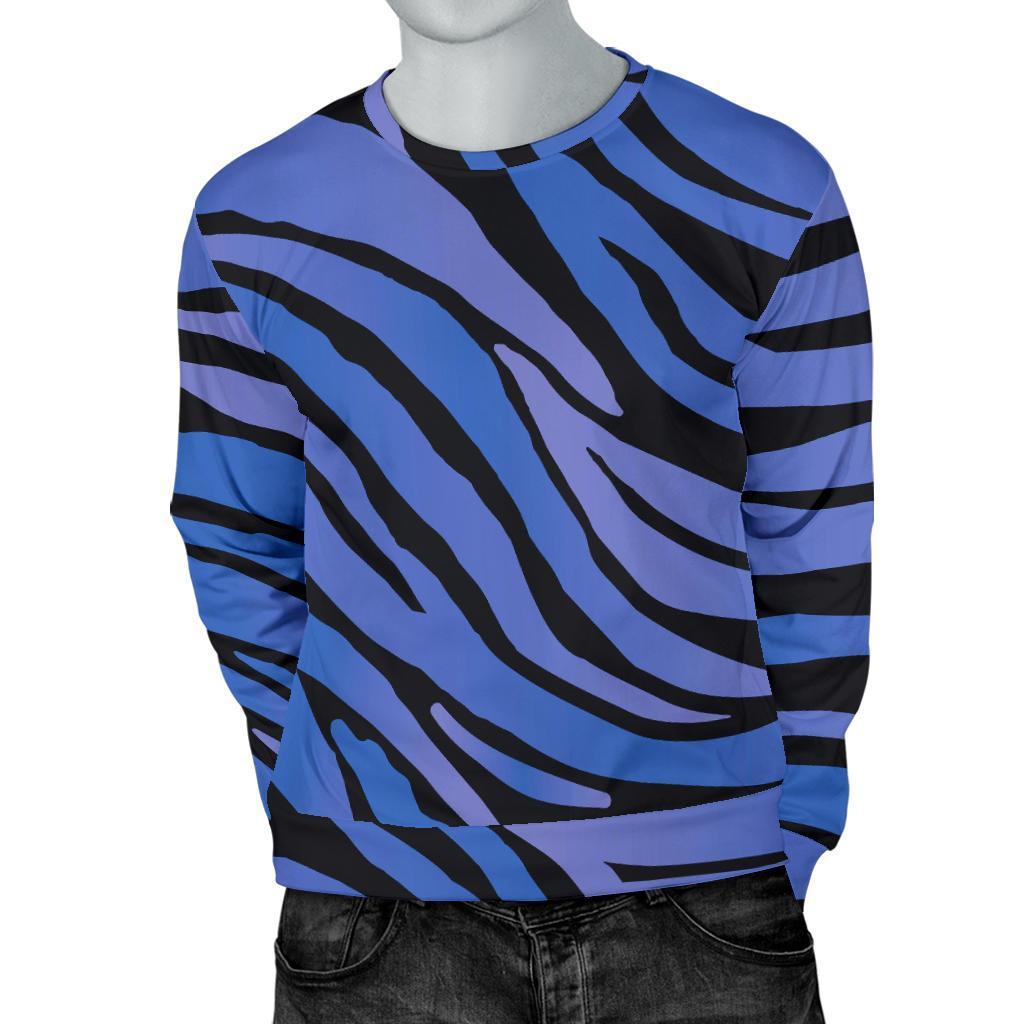 Black Blue Zebra Pattern Print Men's Crewneck Sweatshirt GearFrost