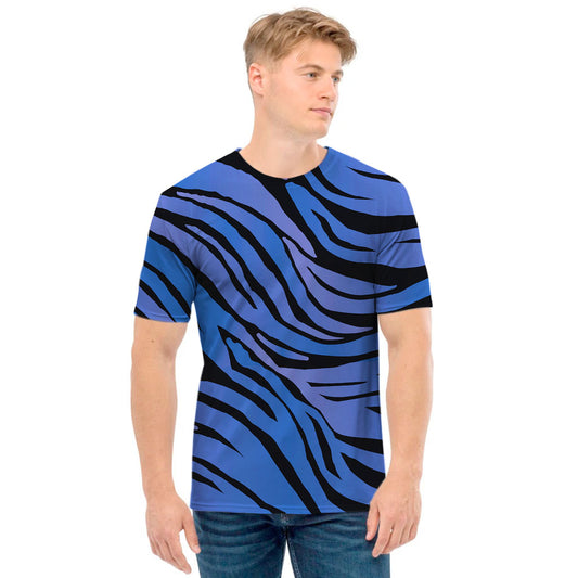 Black Blue Zebra Pattern Print Men's T-Shirt