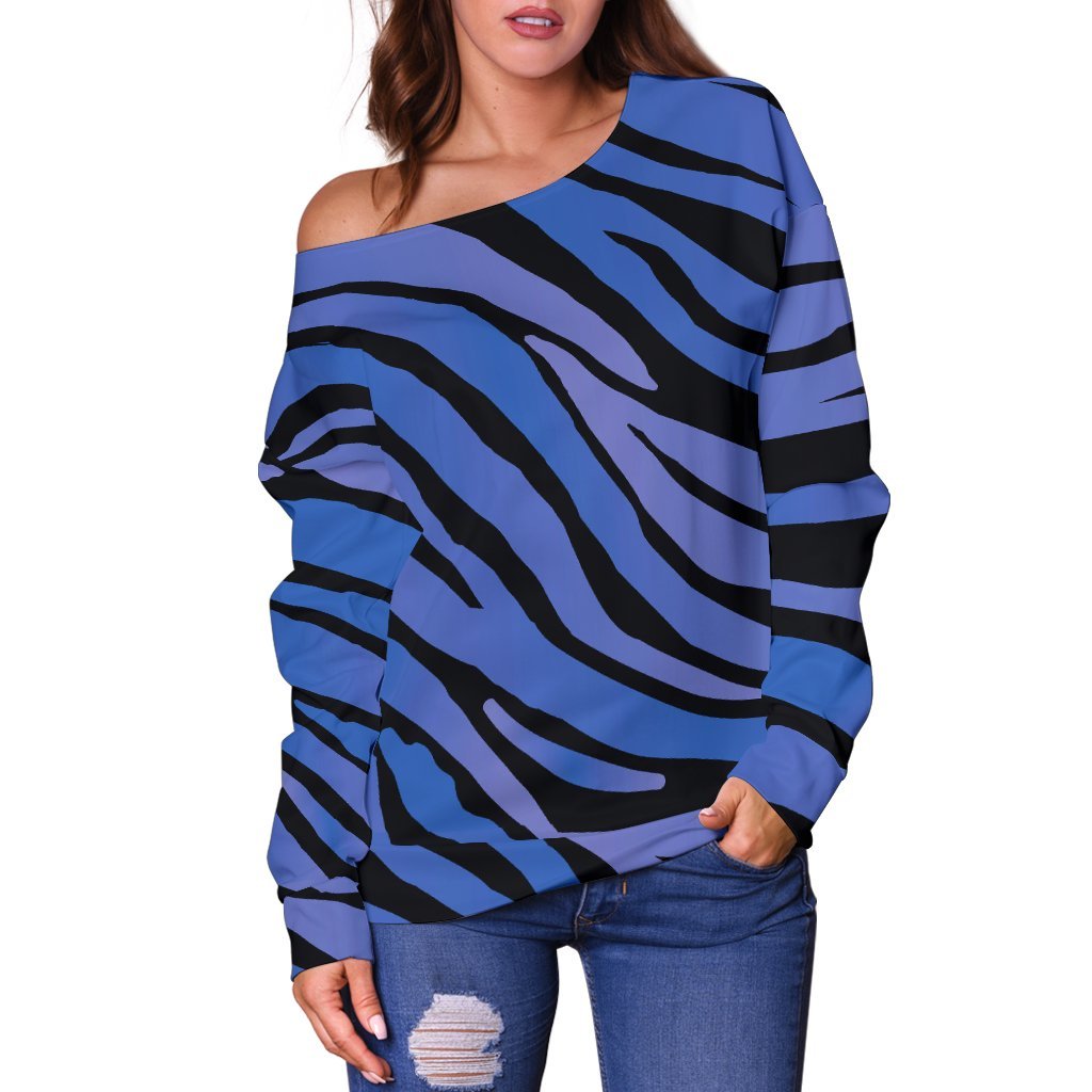 Black Blue Zebra Pattern Print Off Shoulder Sweatshirt GearFrost