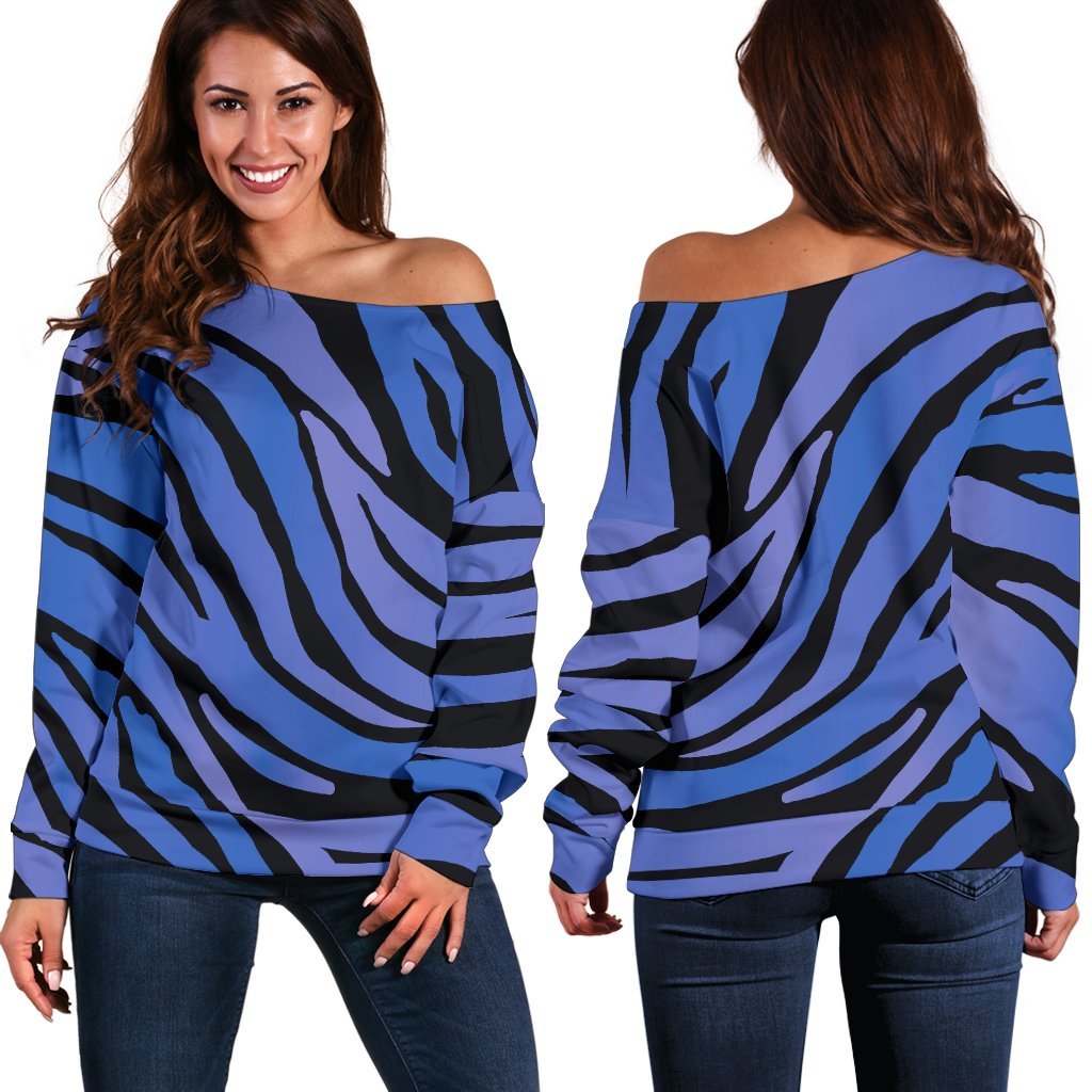 Black Blue Zebra Pattern Print Off Shoulder Sweatshirt GearFrost