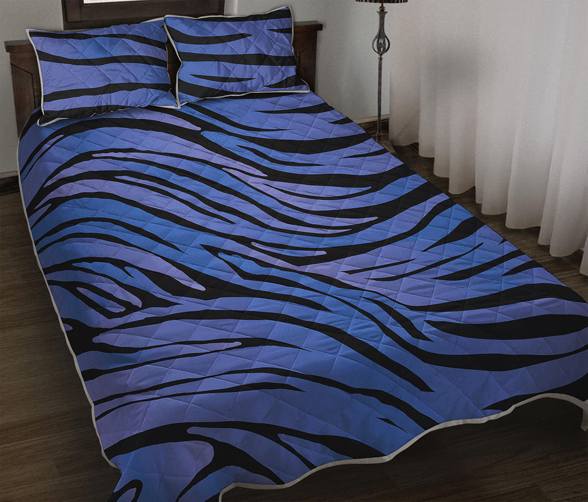 Black Blue Zebra Pattern Print Quilt Bed Set