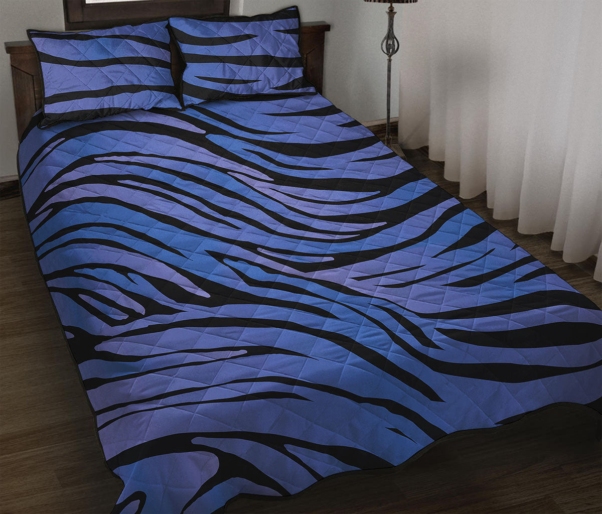 Black Blue Zebra Pattern Print Quilt Bed Set