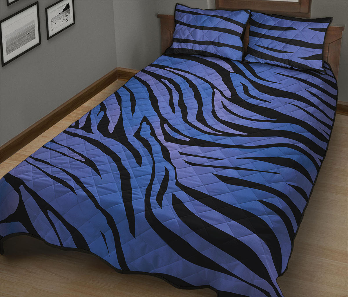 Black Blue Zebra Pattern Print Quilt Bed Set