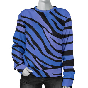 Black Blue Zebra Pattern Print Women's Crewneck Sweatshirt GearFrost