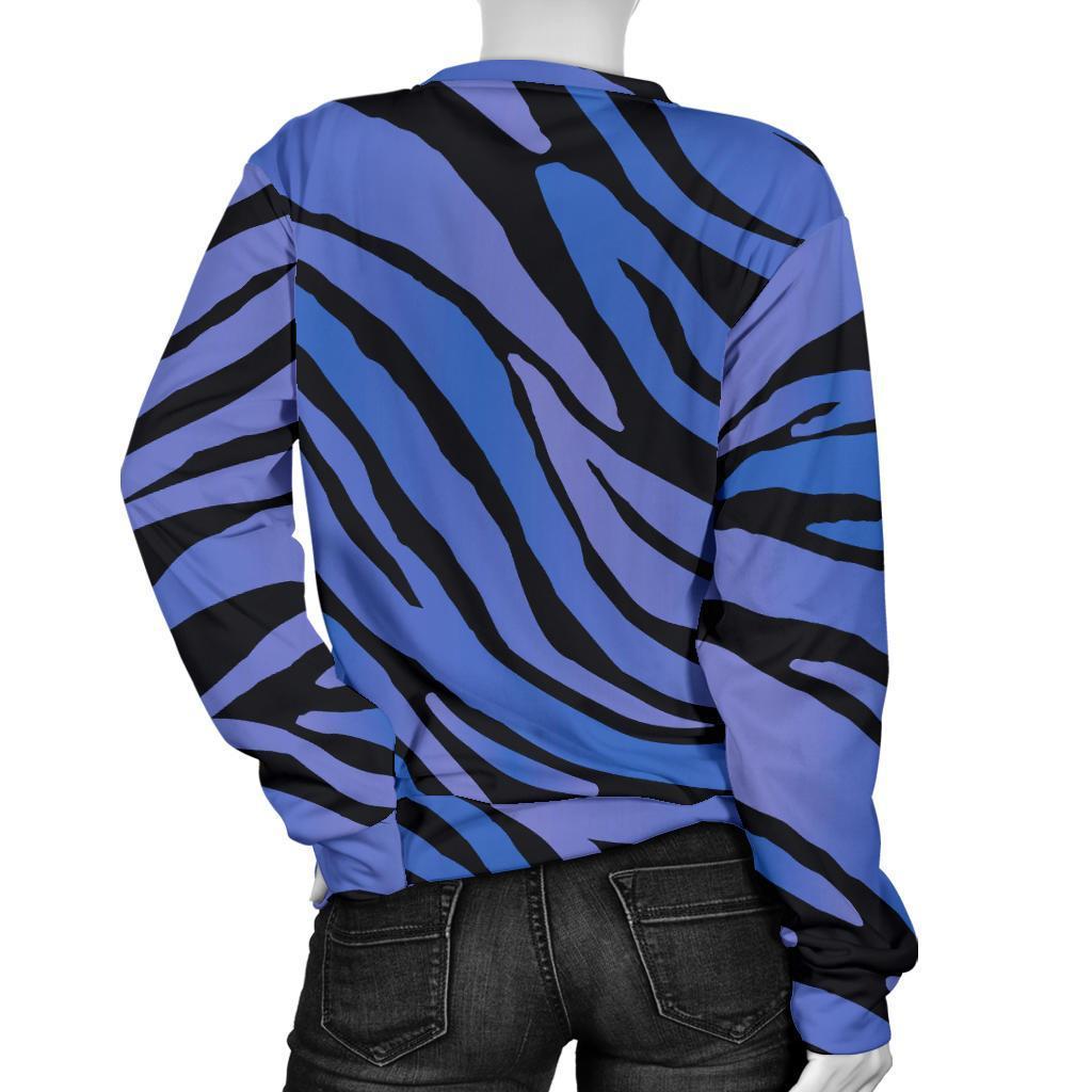 Black Blue Zebra Pattern Print Women's Crewneck Sweatshirt GearFrost