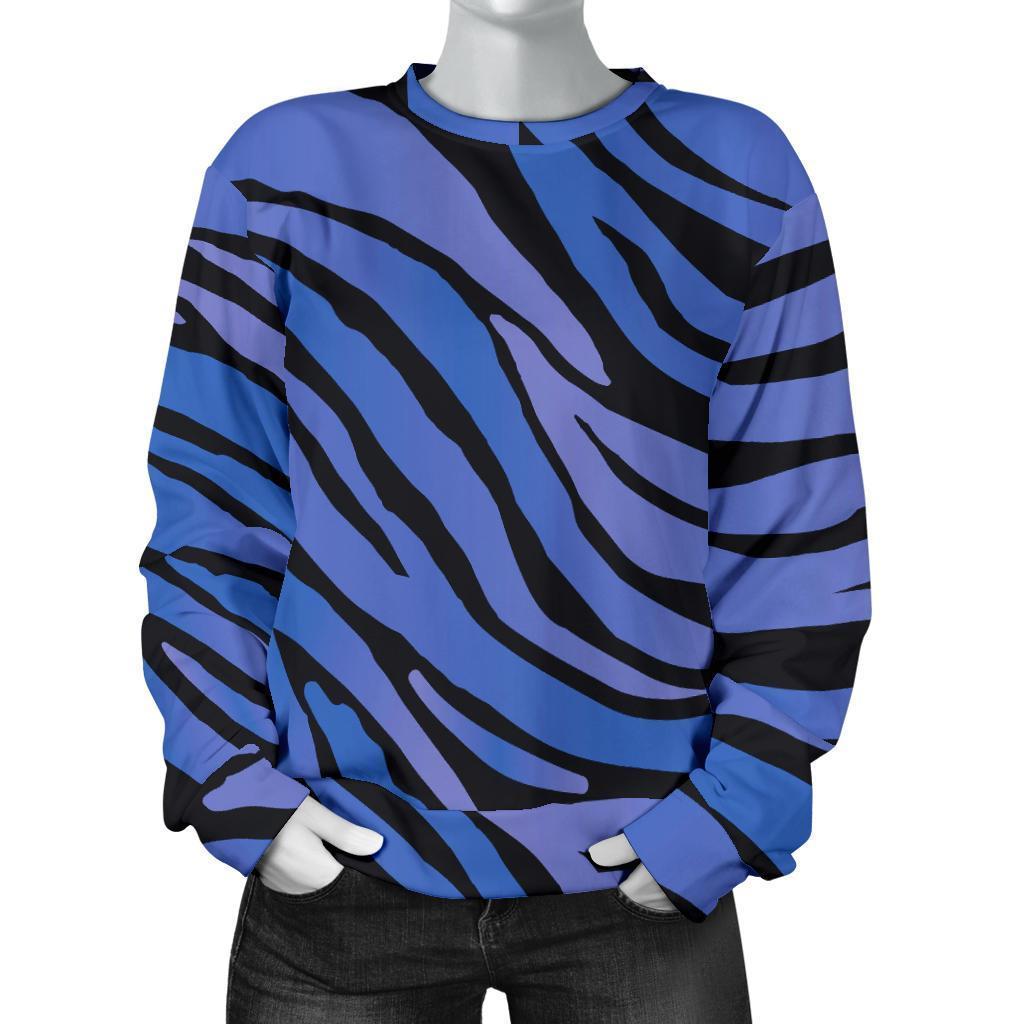 Black Blue Zebra Pattern Print Women's Crewneck Sweatshirt GearFrost