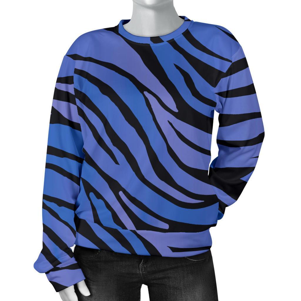 Black Blue Zebra Pattern Print Women's Crewneck Sweatshirt GearFrost