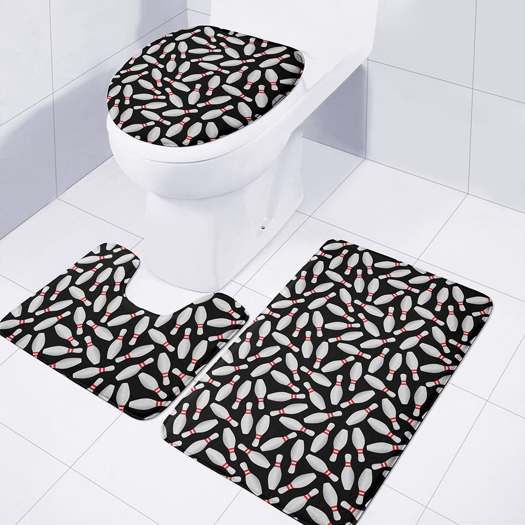 Black Bowling Pins Pattern Print 3 Piece Bath Mat Set
