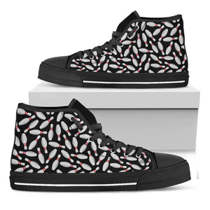 Black Bowling Pins Pattern Print Black High Top Shoes