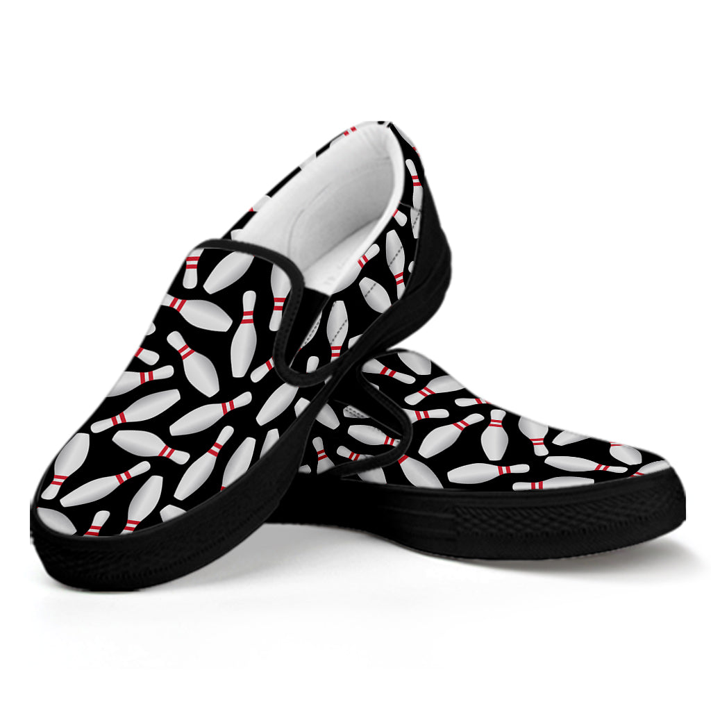 Black Bowling Pins Pattern Print Black Slip On Shoes