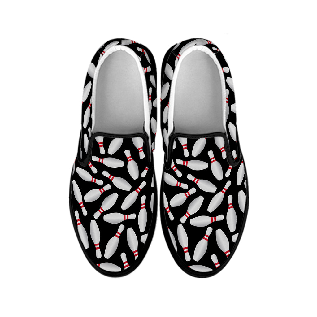 Black Bowling Pins Pattern Print Black Slip On Shoes