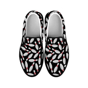 Black Bowling Pins Pattern Print Black Slip On Shoes