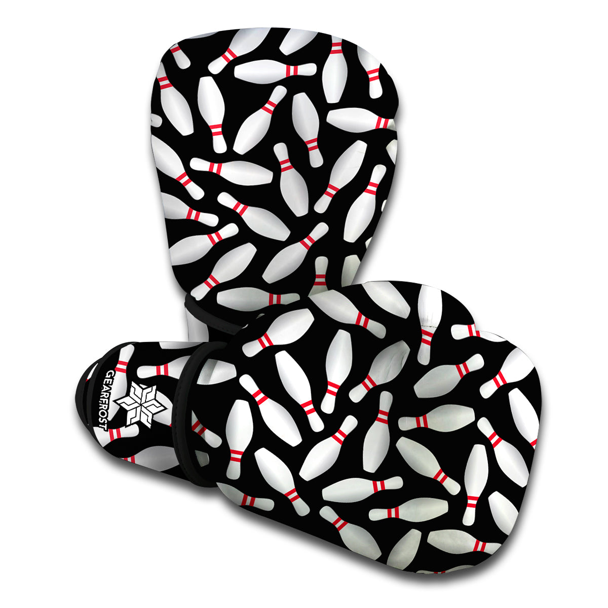 Black Bowling Pins Pattern Print Boxing Gloves