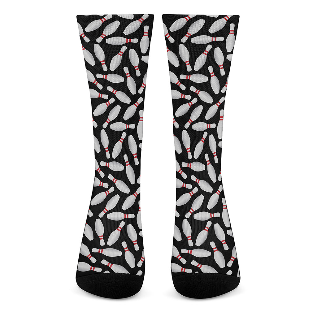 Black Bowling Pins Pattern Print Crew Socks