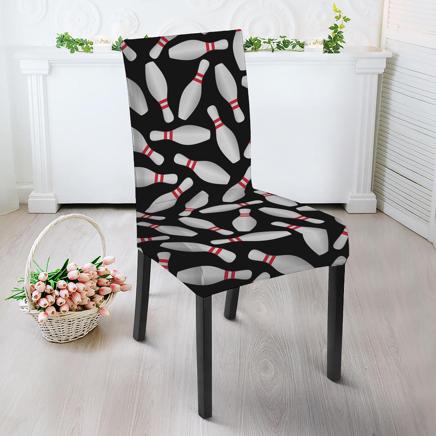 Black Bowling Pins Pattern Print Dining Chair Slipcover