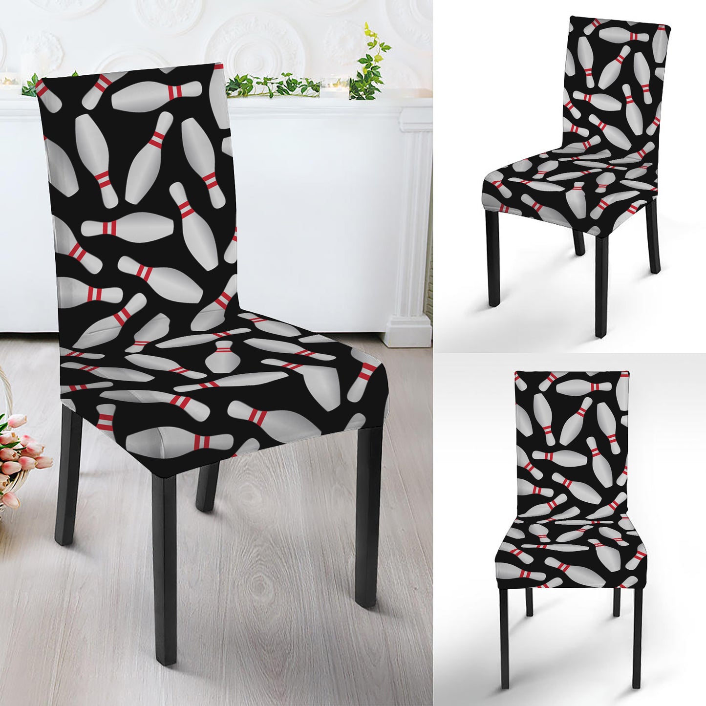 Black Bowling Pins Pattern Print Dining Chair Slipcover