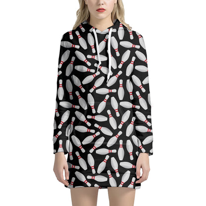 Black Bowling Pins Pattern Print Hoodie Dress