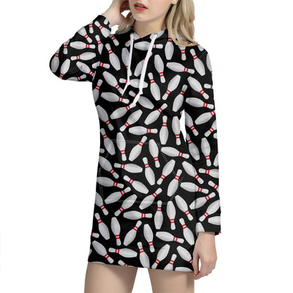 Black Bowling Pins Pattern Print Hoodie Dress