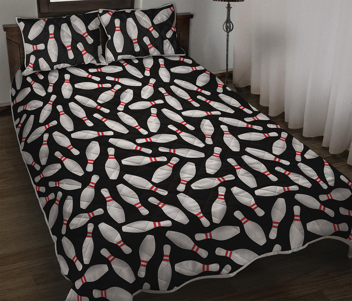 Black Bowling Pins Pattern Print Quilt Bed Set