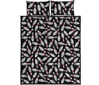 Black Bowling Pins Pattern Print Quilt Bed Set