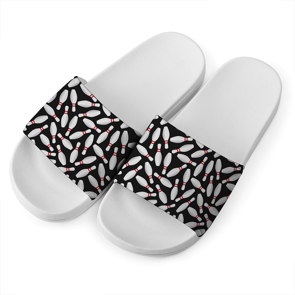 Black Bowling Pins Pattern Print White Slide Sandals