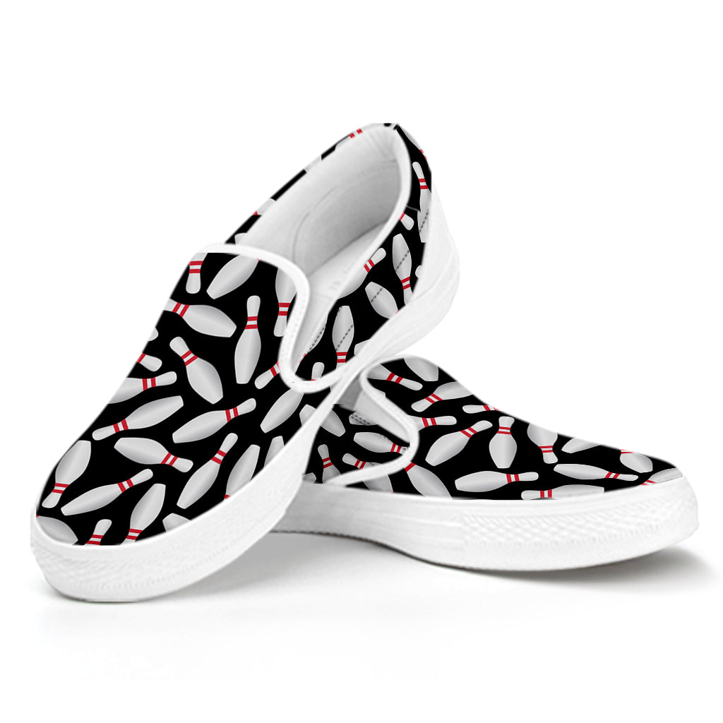 Black Bowling Pins Pattern Print White Slip On Shoes