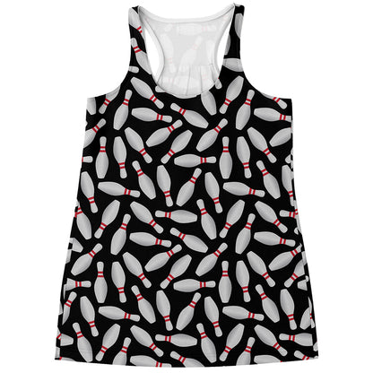 Black Bowling Pins Pattern Print Women's Racerback Tank Top