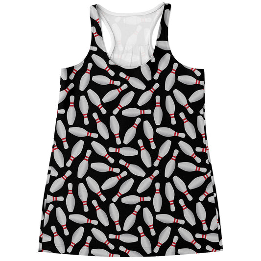 Black Bowling Pins Pattern Print Women's Racerback Tank Top