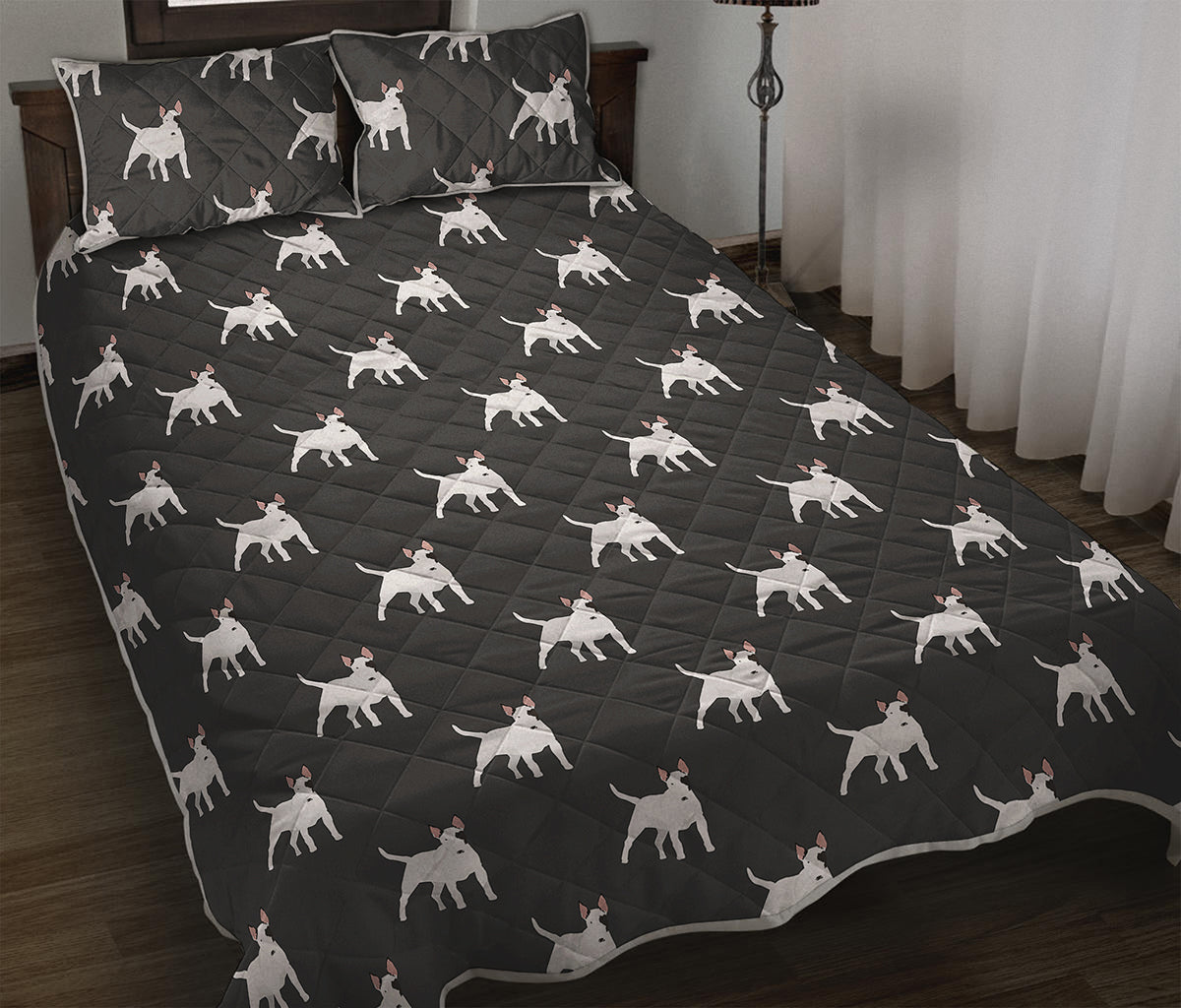 Black Bull Terrier Pattern Print Quilt Bed Set
