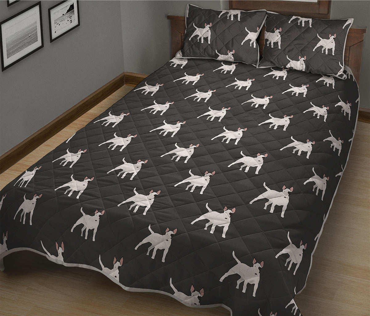 Black Bull Terrier Pattern Print Quilt Bed Set